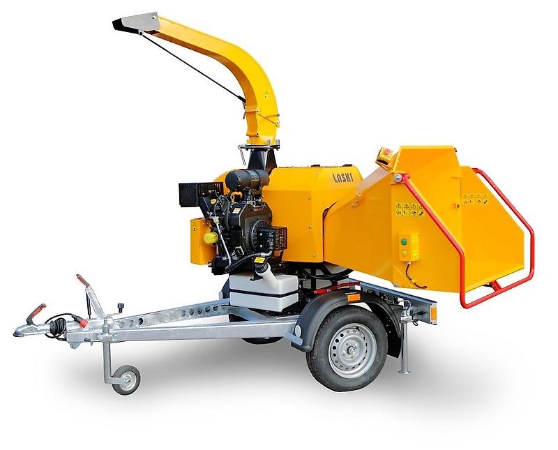 Häcksler "LASKI LS-160 PB" auf gebremstem 80 km/h Fahrgestell, bis 16 cm Aststärke: Der Anhänger-Häcksler für den Profi.