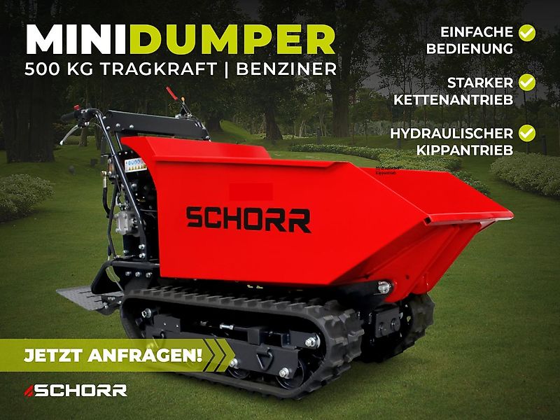 SCHORR Minidumper RR500DHKA2 PRO 500kg Mulde mit Kipphydraulik und Mitfahrplattform 9,2 PS Benzin Dumper Raupendumper